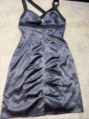 le chateau Charcoal Satin Ruched Mini Dress with Black Trim